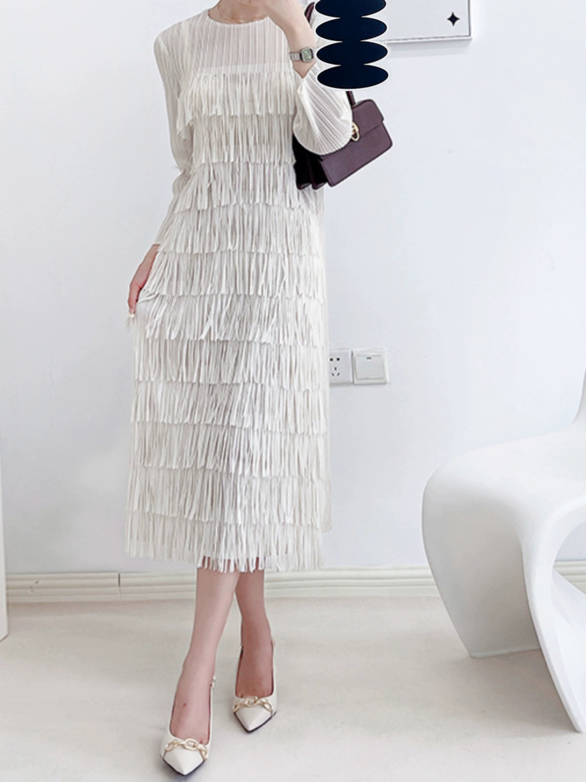 Ruched Tassel Dress Women's Spring and Autumn 2023 New Elegant Graceful Long Sleeve Cake Dress Sanzhai Dress Classy
