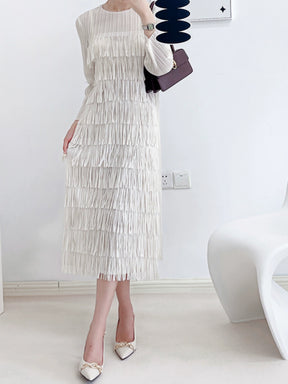 Ruched Tassel Dress Women's Spring and Autumn 2023 New Elegant Graceful Long Sleeve Cake Dress Sanzhai Dress Classy