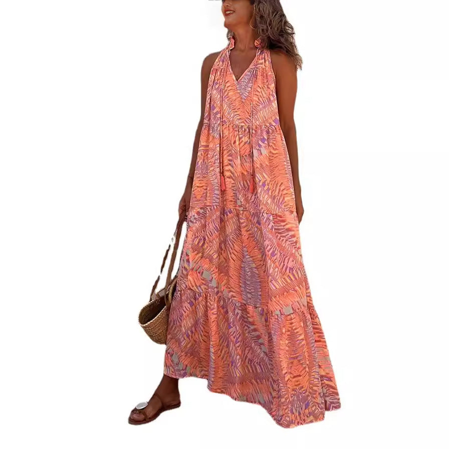Women's Wear Printed Halter Sleeveless V-neck Dress