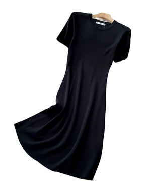 Summer Clothing Minimalist Pure Color Ice Silk Mid Length Long Length Black Dress