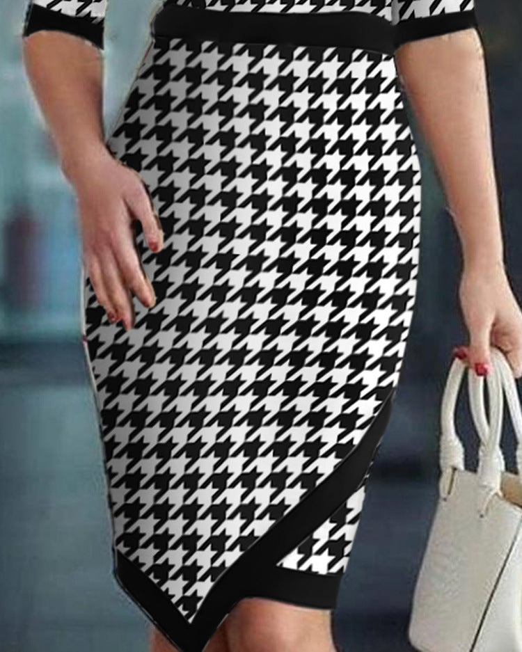 Women's Houndstooth Printing Color Contrast Dress