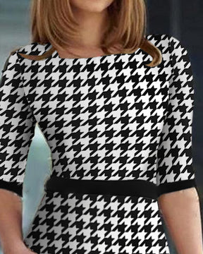 Women's Houndstooth Printing Color Contrast Dress