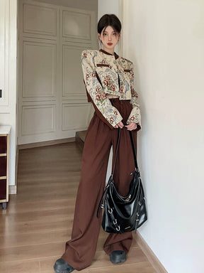 Classic Style Jacquard Stitching Pleated Wide Leg Trousers Jacket