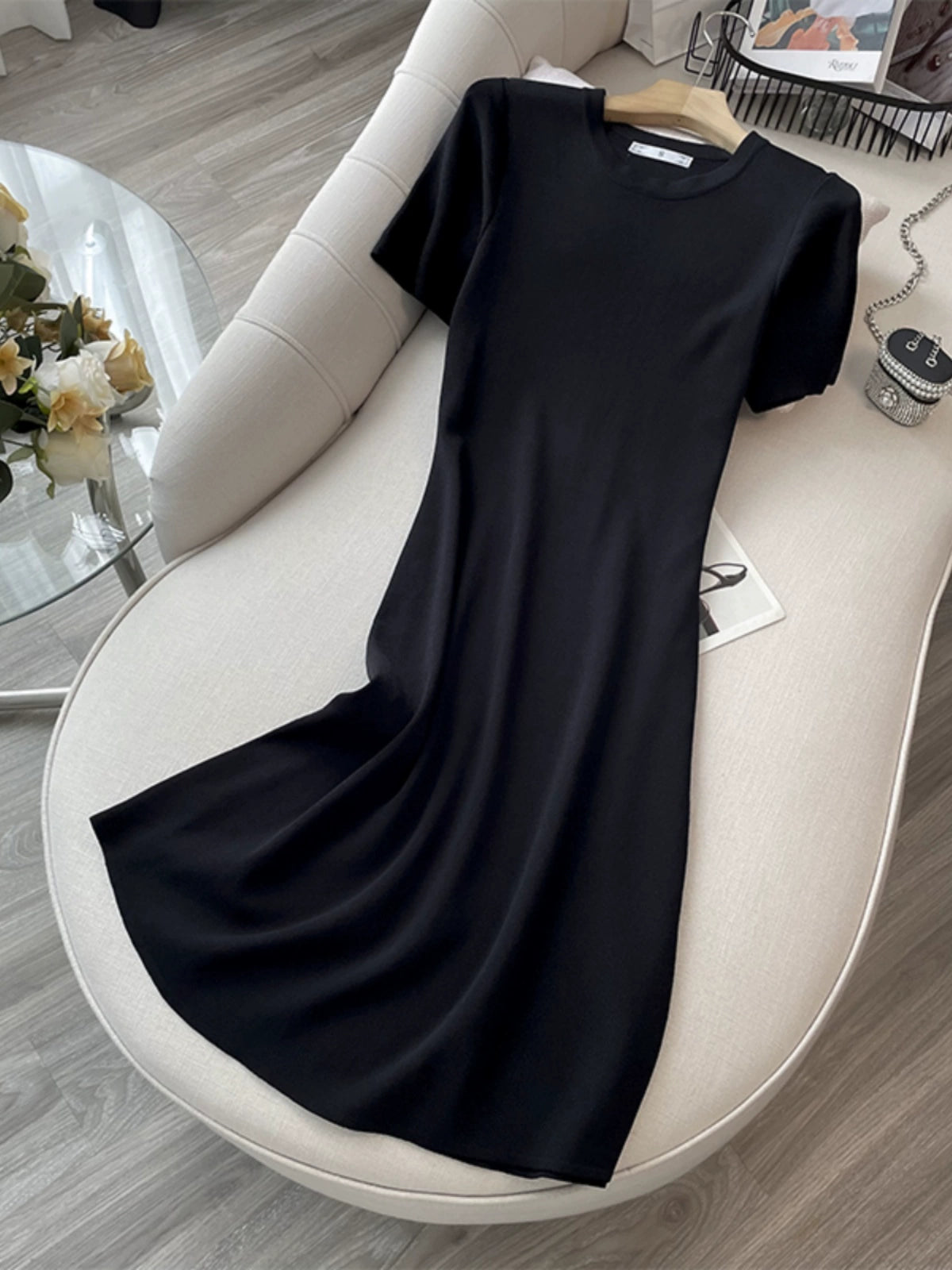 Summer Clothing Minimalist Pure Color Ice Silk Mid Length Long Length Black Dress