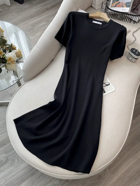 Summer Clothing Minimalist Pure Color Ice Silk Mid Length Long Length Black Dress