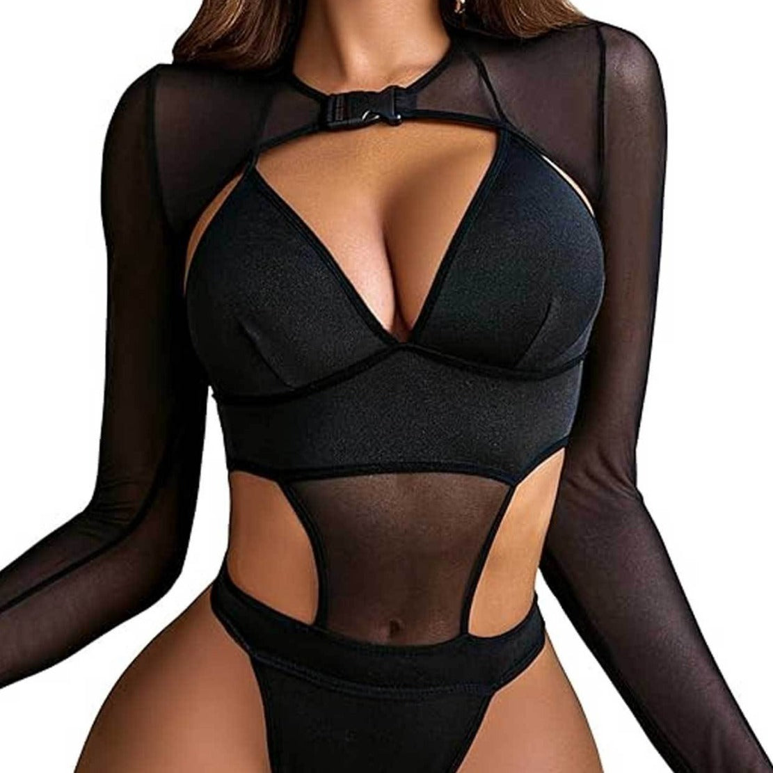 Women's One-piece Bikini Long Sleeve Mesh