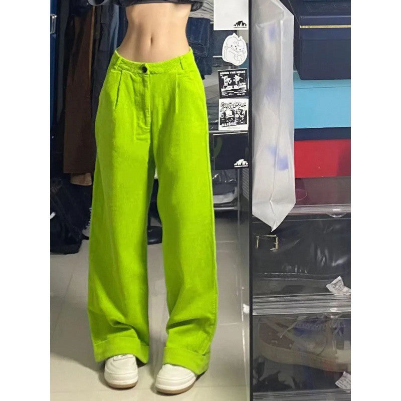 American Retro Fluorescent Green Loose High Waist Straight Slimming Women's Wide Leg Pants