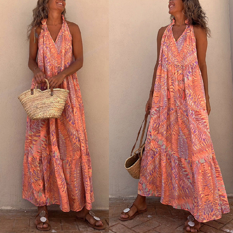 Women's Wear Printed Halter Sleeveless V-neck Dress