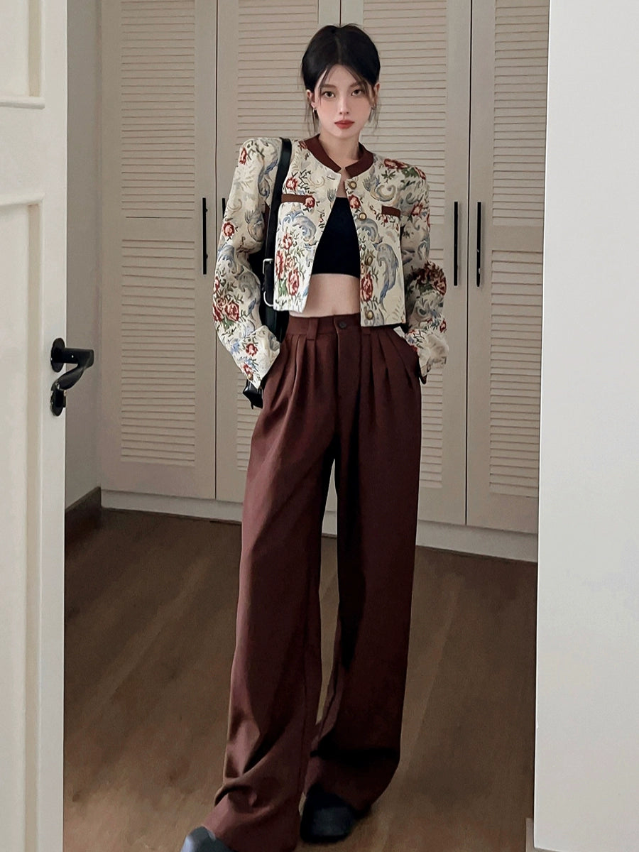 Classic Style Jacquard Stitching Pleated Wide Leg Trousers Jacket