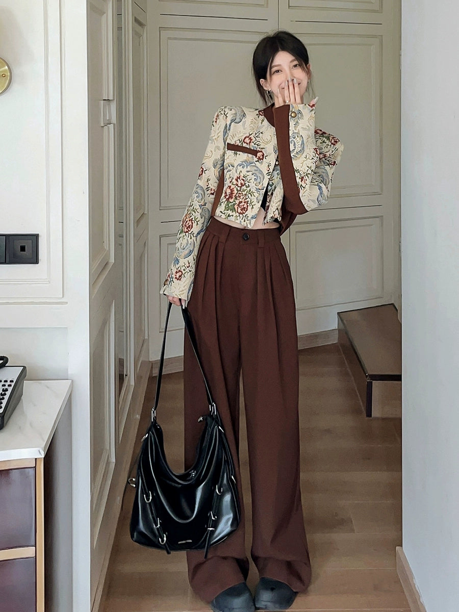 Classic Style Jacquard Stitching Pleated Wide Leg Trousers Jacket