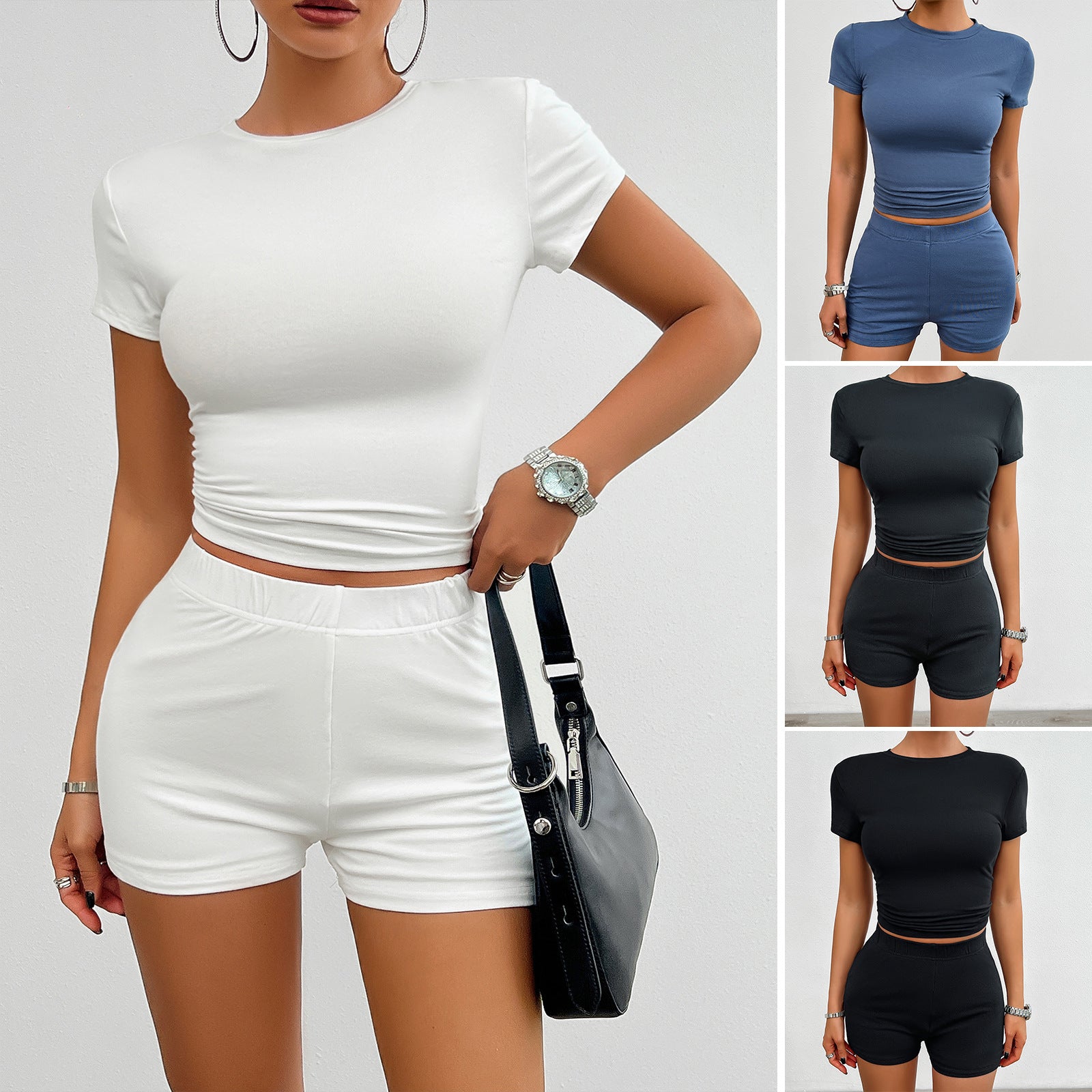 Women's Fashion Solid Color Slim Short Sleeve Shorts Suit