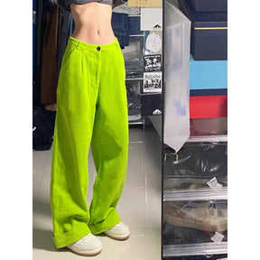 American Retro Fluorescent Green Loose High Waist Straight Slimming Women's Wide Leg Pants