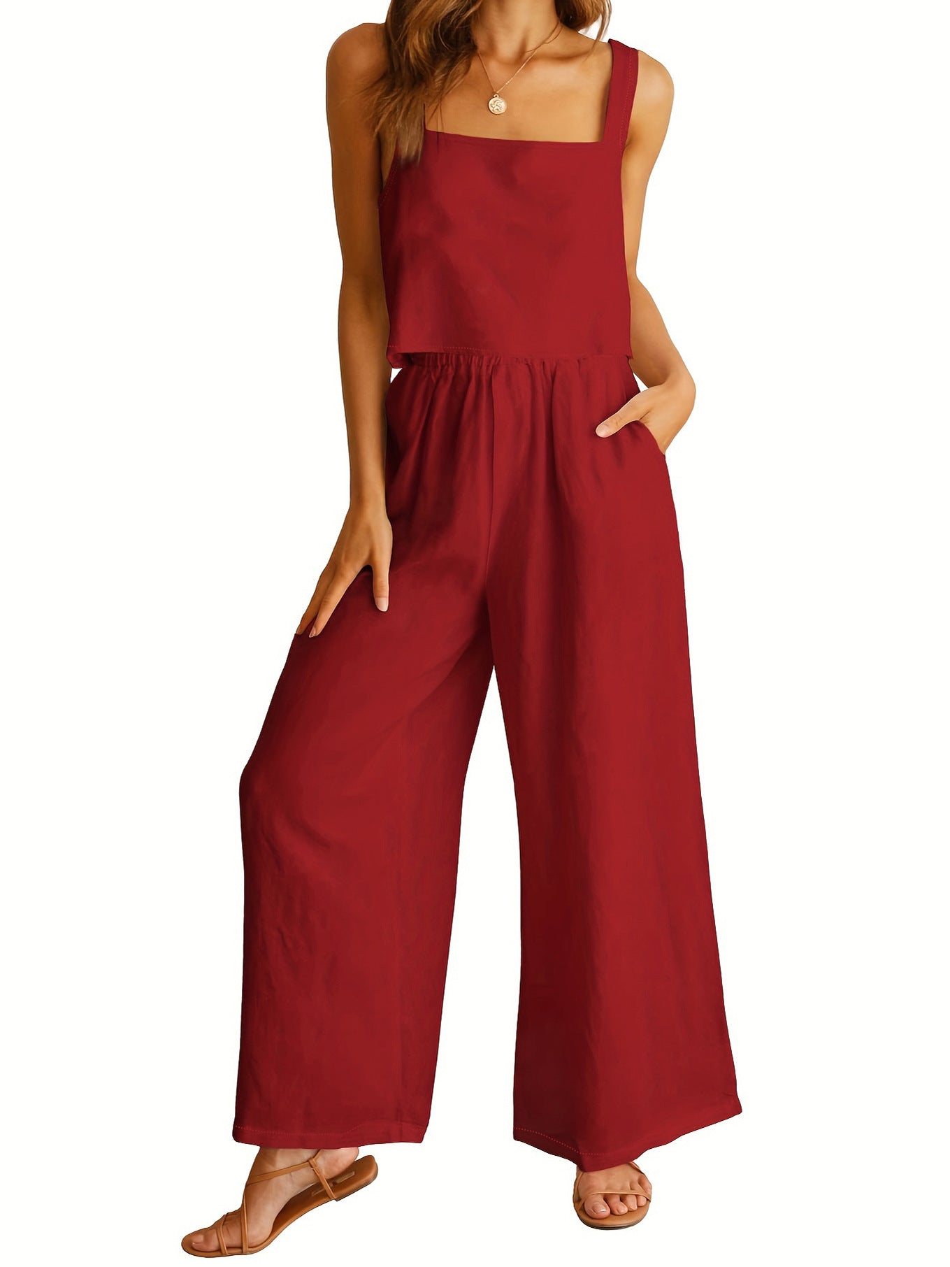 Women's Clothing 2 Piece Set Square Collar Sleeveless Camisole Wide Leg Trousers Leisure Suit