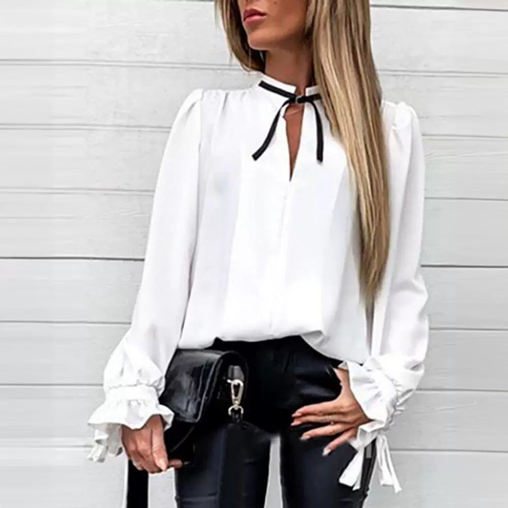 White Lace-up Wooden Ear Loose Shirt