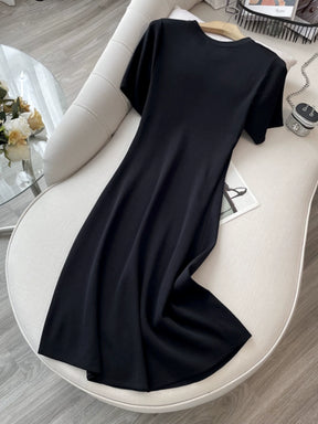 Summer Clothing Minimalist Pure Color Ice Silk Mid Length Long Length Black Dress