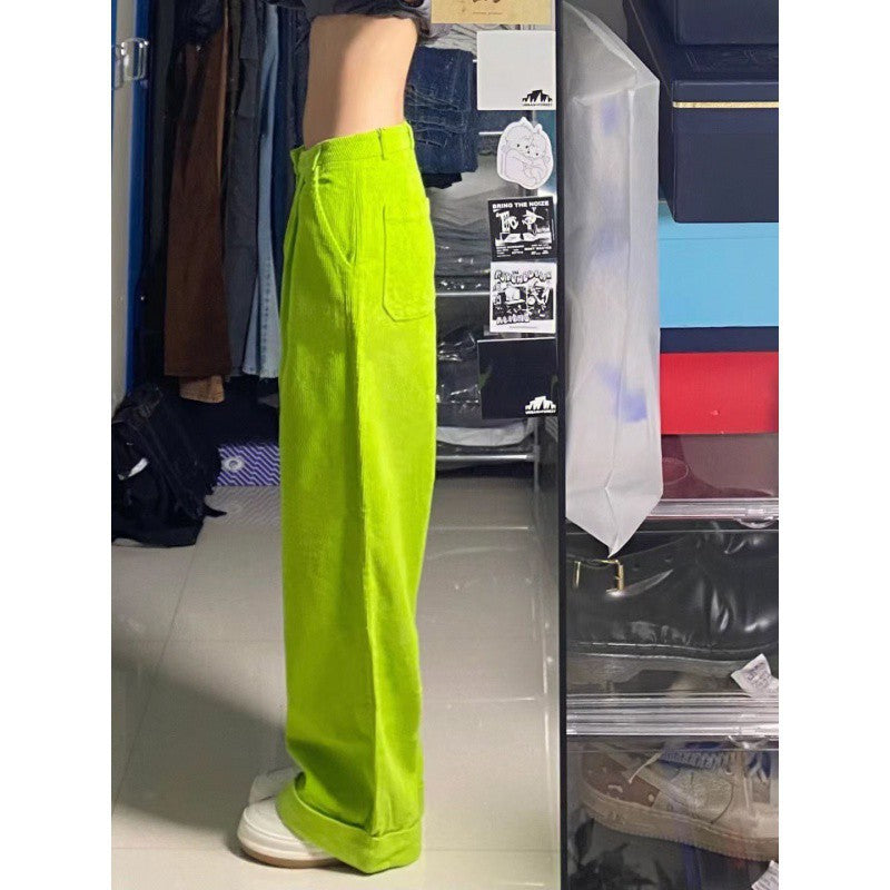 American Retro Fluorescent Green Loose High Waist Straight Slimming Women's Wide Leg Pants