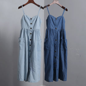 Pure Cotton Open Buckle Denim Vest Dress Outer Wear Fresh Sling