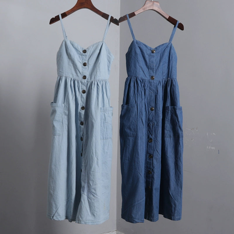 Pure Cotton Open Buckle Denim Vest Dress Outer Wear Fresh Sling