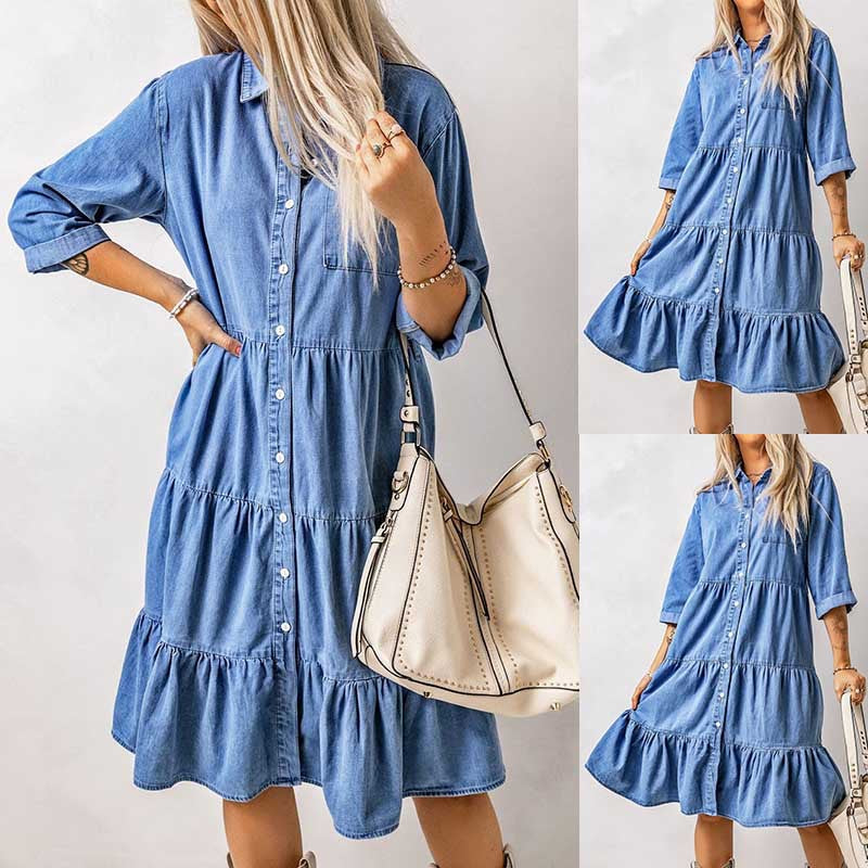 European And American Women's Clothing New Spring And Summer Dress Imitation Denim Button Shirt