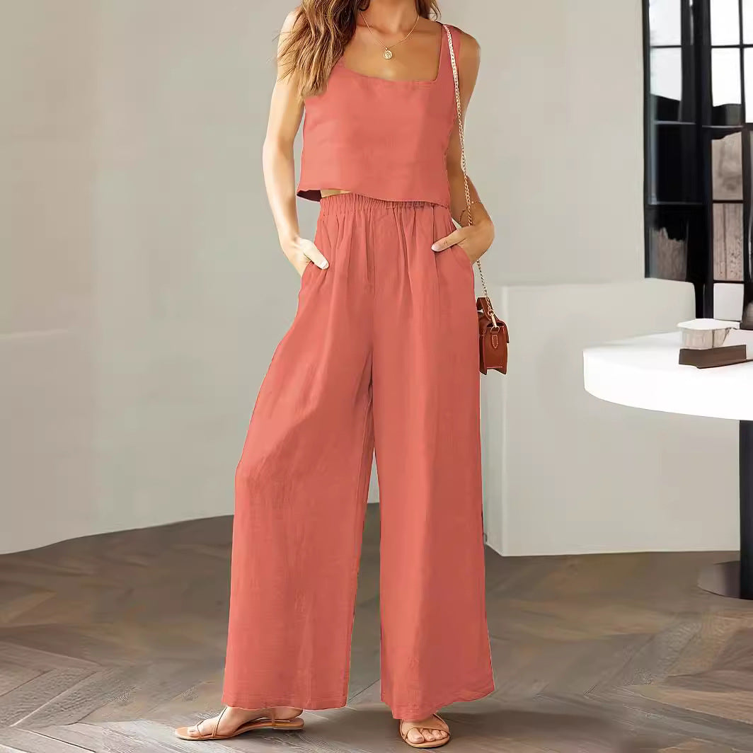 Women's Clothing 2 Piece Set Square Collar Sleeveless Camisole Wide Leg Trousers Leisure Suit