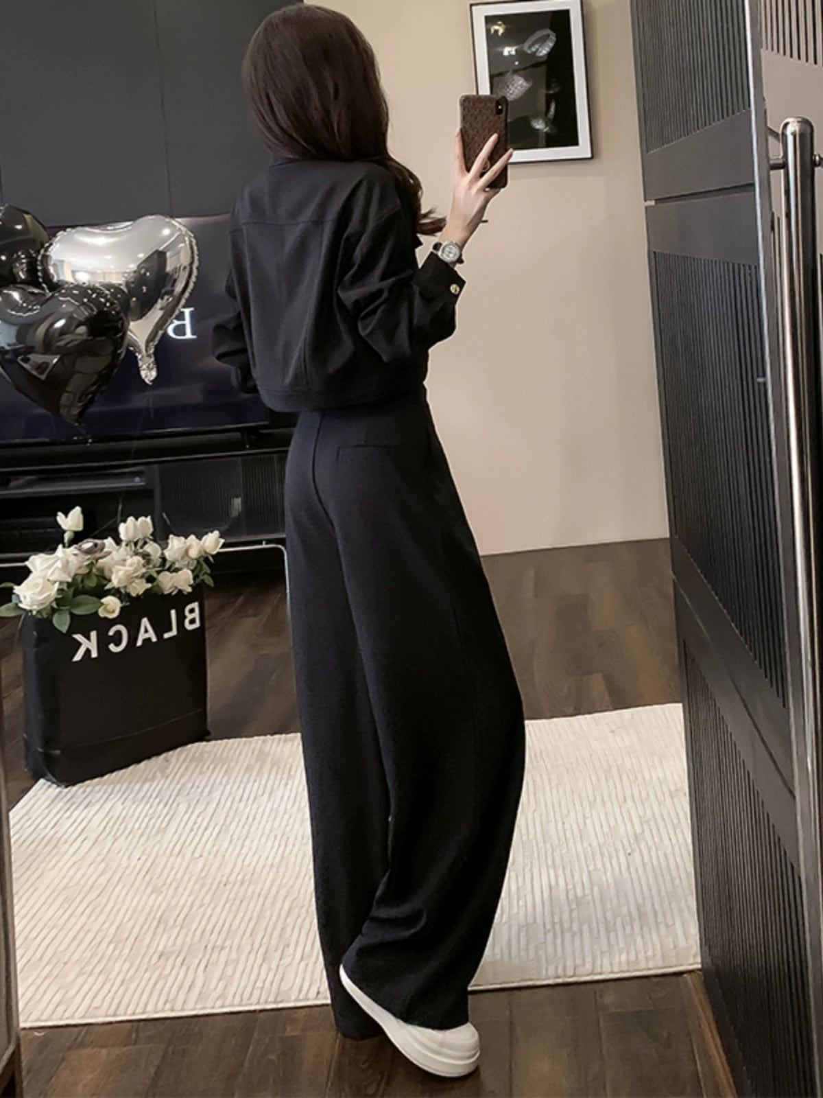 Trendy European Spring and Autumn Short Coat Suit Pants Acetic Acid