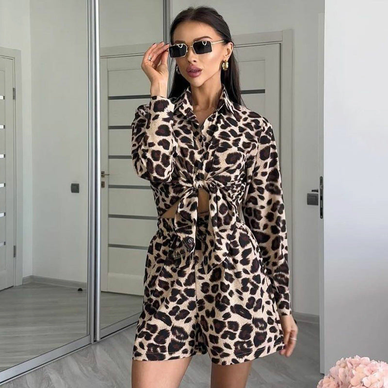 Leopard Print Long Sleeve Cardigan Shirt Women's Shorts Two-piece Set