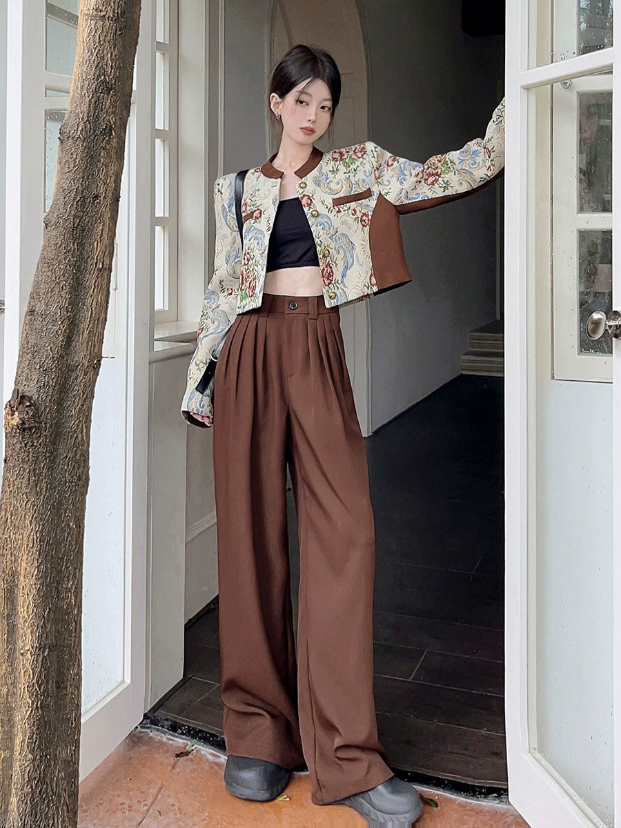 Classic Style Jacquard Stitching Pleated Wide Leg Trousers Jacket