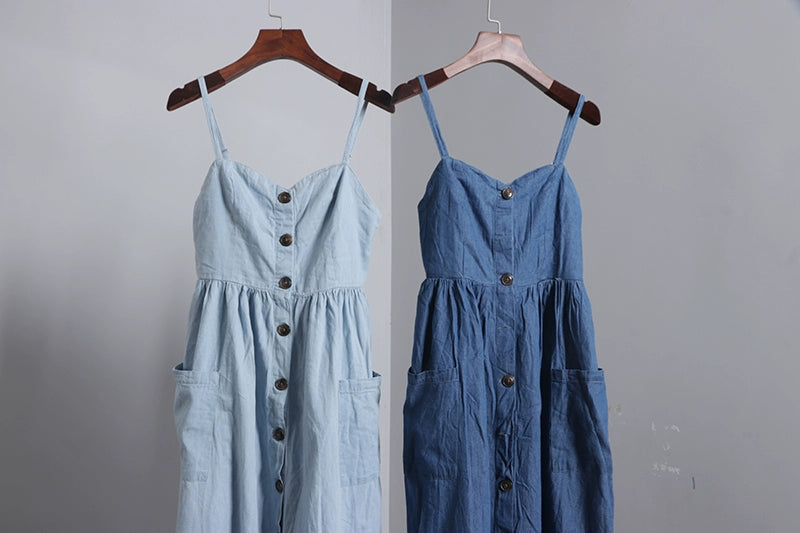 Pure Cotton Open Buckle Denim Vest Dress Outer Wear Fresh Sling