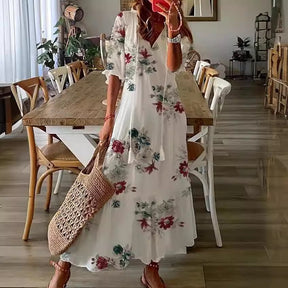 Long Sleeve Loose Bohemian Printed V-neck Maxi Dress