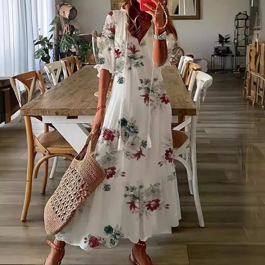 Long Sleeve Loose Bohemian Printed V-neck Maxi Dress