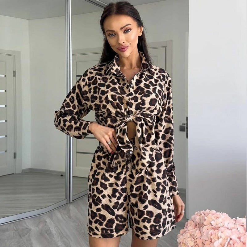 Leopard Print Long Sleeve Cardigan Shirt Women's Shorts Two-piece Set