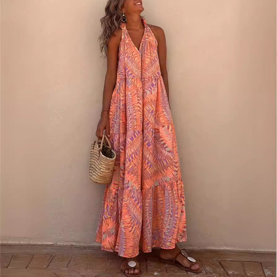 Women's Wear Printed Halter Sleeveless V-neck Dress
