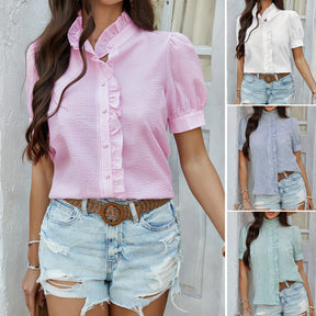 Temperament Leisure Solid Color Buttons Ruffled Short Sleeves