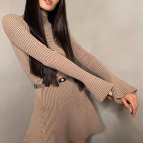 Autumn And Winter Long Sleeves Solid Color Top Turtleneck Sweater High Waist Tight Short Knitted A- Line Dress