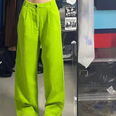 American Retro Fluorescent Green Loose High Waist Straight Slimming Women's Wide Leg Pants