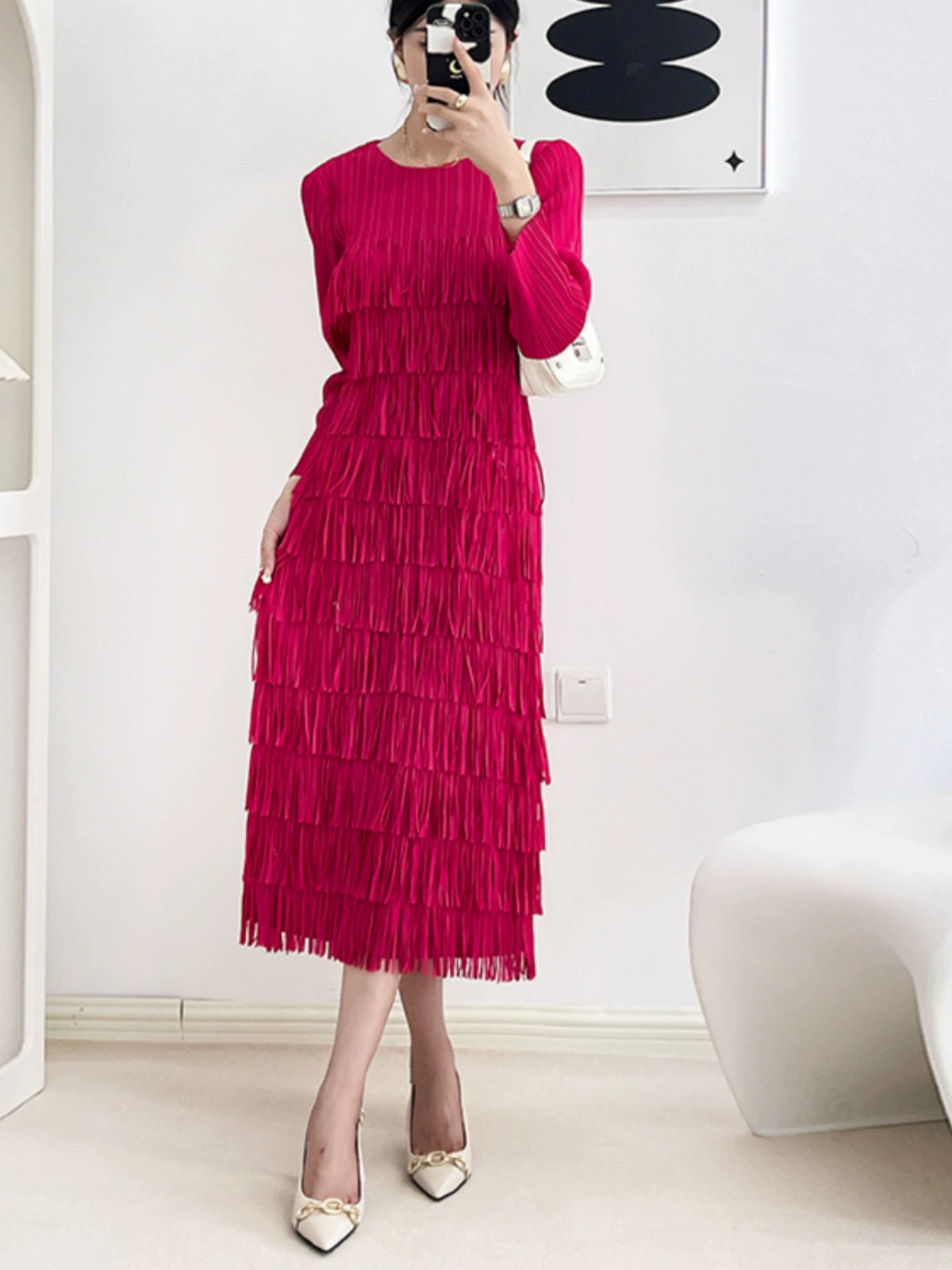 Ruched Tassel Dress Women's Spring and Autumn 2023 New Elegant Graceful Long Sleeve Cake Dress Sanzhai Dress Classy