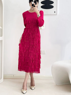 Ruched Tassel Dress Women's Spring and Autumn 2023 New Elegant Graceful Long Sleeve Cake Dress Sanzhai Dress Classy