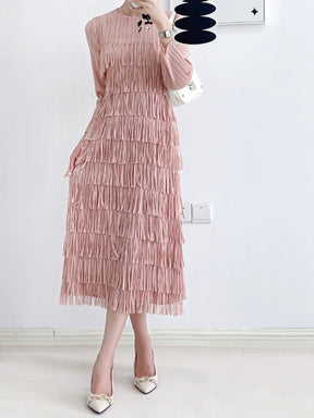 Ruched Tassel Dress Women's Spring and Autumn 2023 New Elegant Graceful Long Sleeve Cake Dress Sanzhai Dress Classy