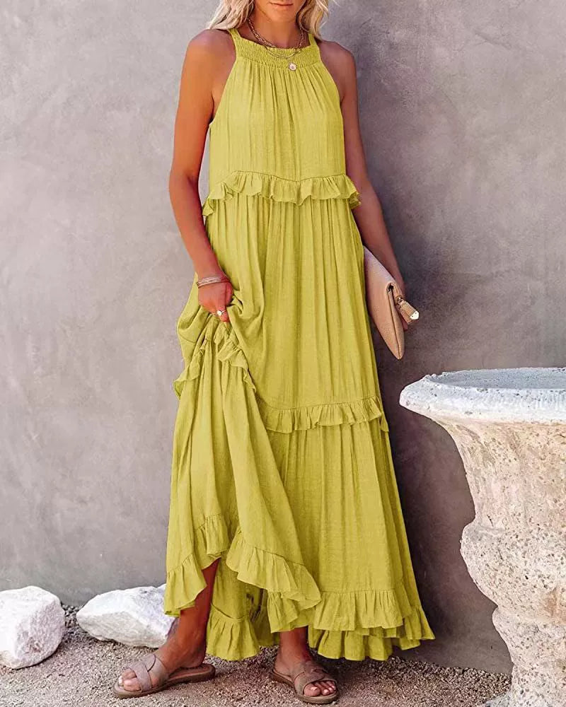 Solid round Neck Ruffled Dress for Women Solid Color round Neck Ruffles Dress