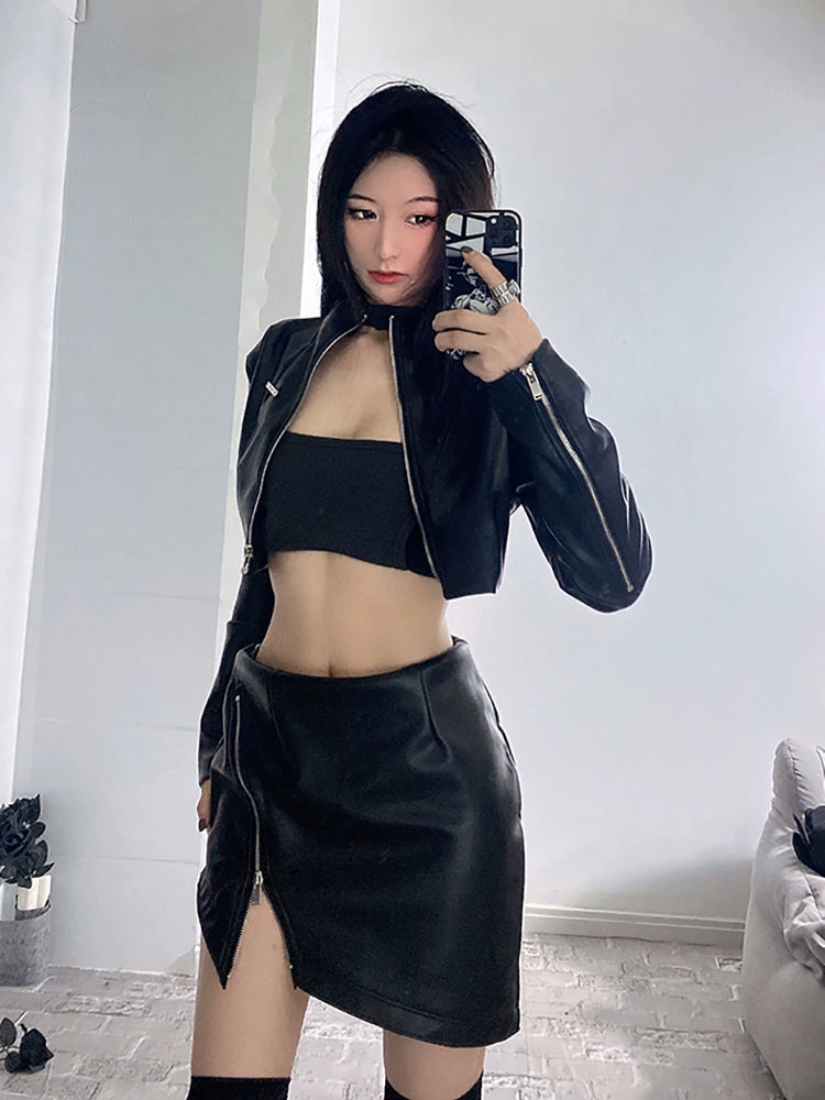 Babyking Leather Clothing Enthusiasts Sexy New Agent Stand Collar Short Leather Coat High Waist Skirt Suit