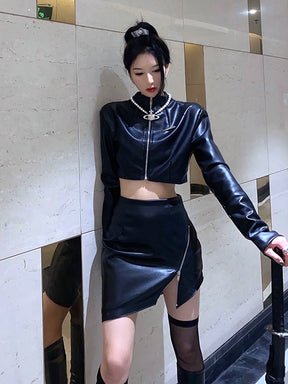 Babyking Leather Clothing Enthusiasts Sexy New Agent Stand Collar Short Leather Coat High Waist Skirt Suit