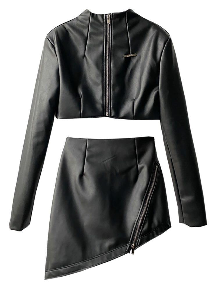 Babyking Leather Clothing Enthusiasts Sexy New Agent Stand Collar Short Leather Coat High Waist Skirt Suit