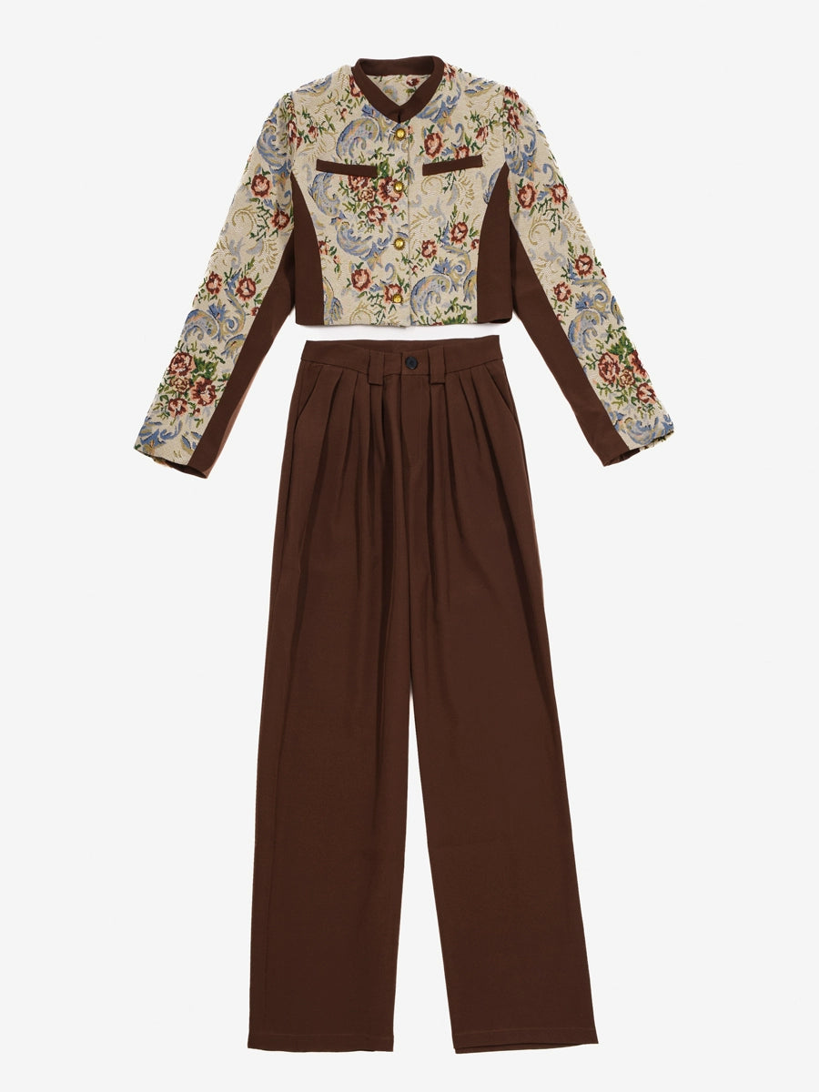 Classic Style Jacquard Stitching Pleated Wide Leg Trousers Jacket