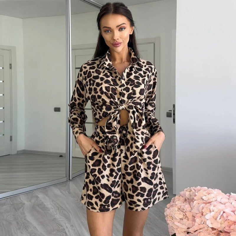 Leopard Print Long Sleeve Cardigan Shirt Women's Shorts Two-piece Set