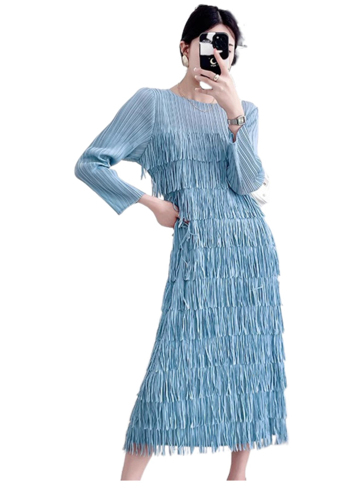 Ruched Tassel Dress Women's Spring and Autumn 2023 New Elegant Graceful Long Sleeve Cake Dress Sanzhai Dress Classy