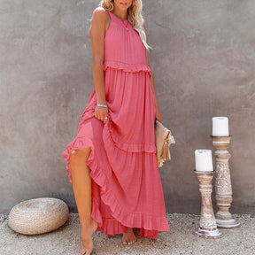 Solid round Neck Ruffled Dress for Women Solid Color round Neck Ruffles Dress