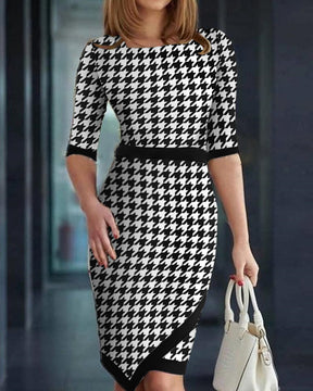 Women's Houndstooth Printing Color Contrast Dress