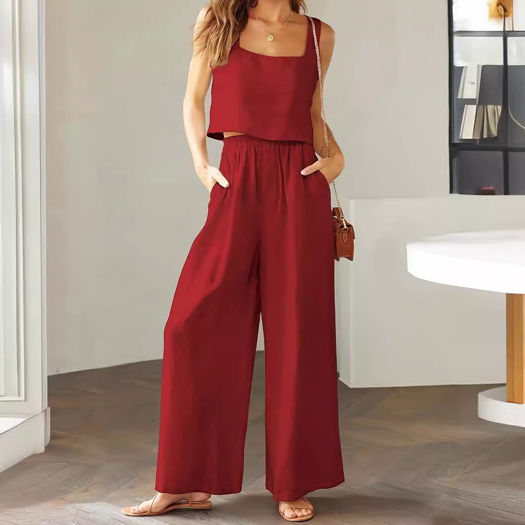 Women's Clothing 2 Piece Set Square Collar Sleeveless Camisole Wide Leg Trousers Leisure Suit