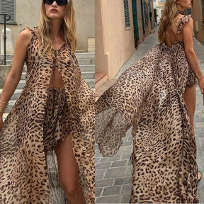Chiffon Printed Suspender Dress INS Vacation Loose Leopard Print Two-piece Set For Women