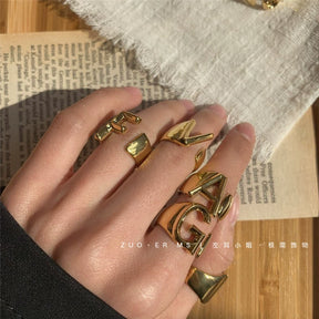 Women's Exaggerated Gold-Plated Open Adjustable Ring with Letters